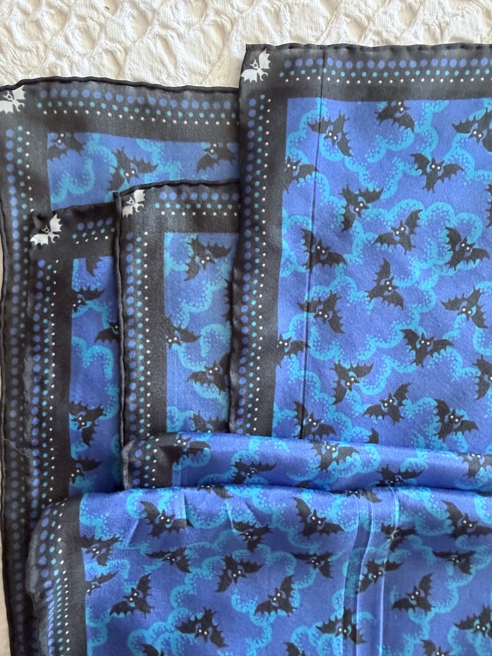 100% Silk Bat Scarf Wrap Blue Black Purple Gothic 25x76 Hand Rolled Edges